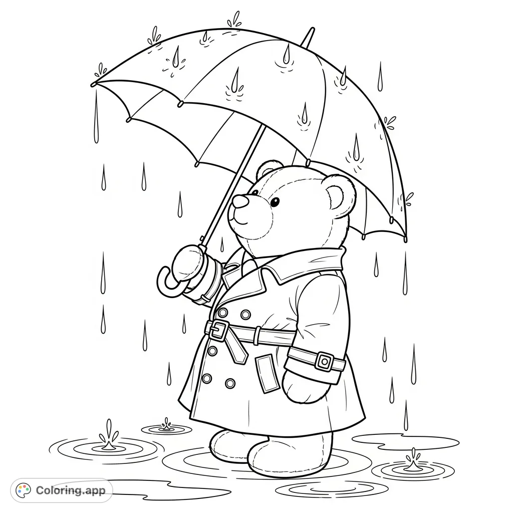 A charming teddybear in a trenchcoat holds an umbrella in the rain, with puddles on the ground. A delightful free printable coloring page for all ages.