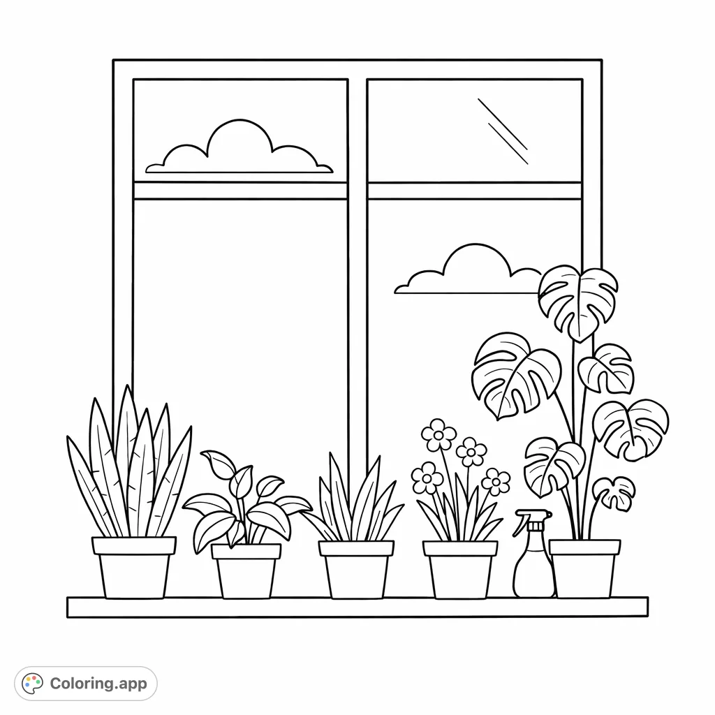 Bring life to a charming windowsill garden featuring a variety of potted plants and flowers, perfect for creative and relaxing coloring.