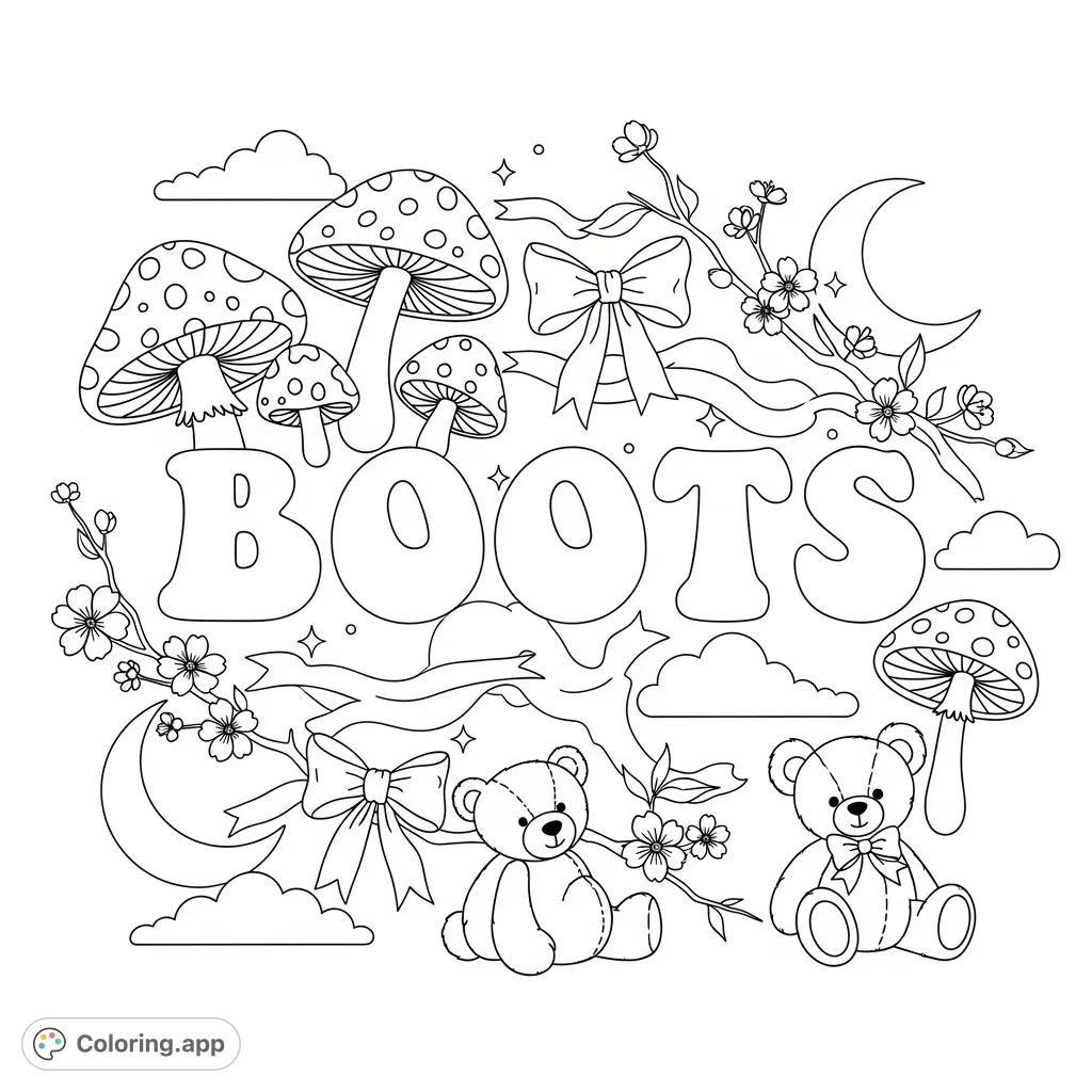 A delightful Boots coloring page featuring the name in bubble letters, surrounded by whimsical mushrooms, bows, teddy bears, cherry blossoms, moons, and fluffy clouds.
