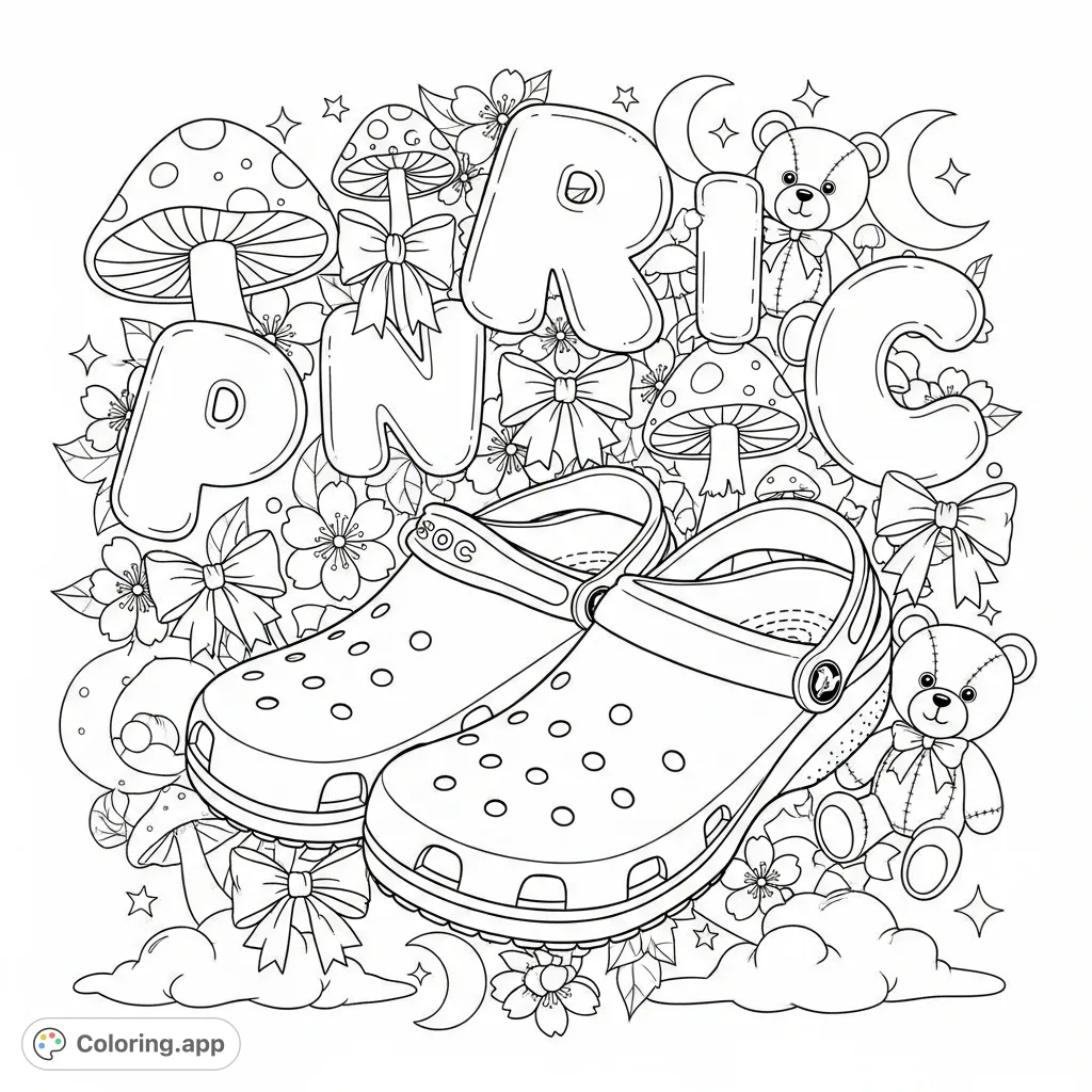 A delightful Crocs coloring page featuring a pair of iconic Crocs surrounded by playful bubble letters, mushrooms, bows, teddy bears, cherry blossoms, and clouds.