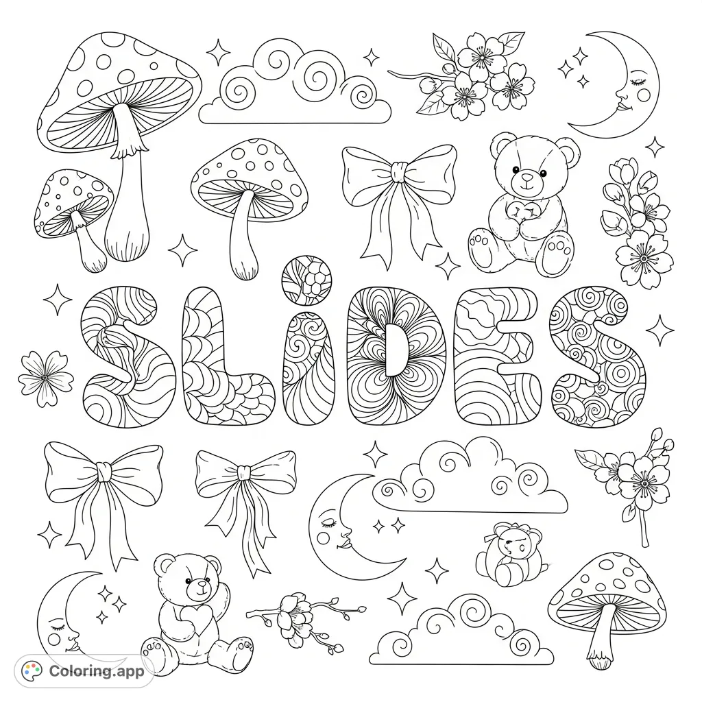 A delightful "Slides" bubble letter coloring page, adorned with charming mushrooms, bows, teddy bears, cherry blossoms, moons, and fluffy clouds.