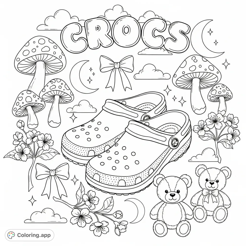A delightful Crocs coloring page featuring playful bubble letters and a whimsical assortment of mushrooms, bows, teddy bears, cherry blossoms, moons, and fluffy clouds.
