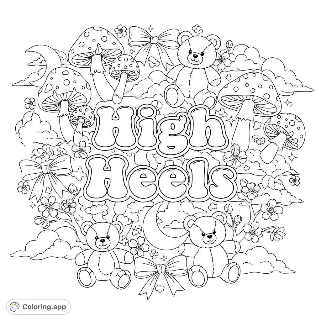 A playful 'High Heels' design in bubble letters, surrounded by whimsical mushrooms, bows, teddy bears, moons, and clouds for creative fun.