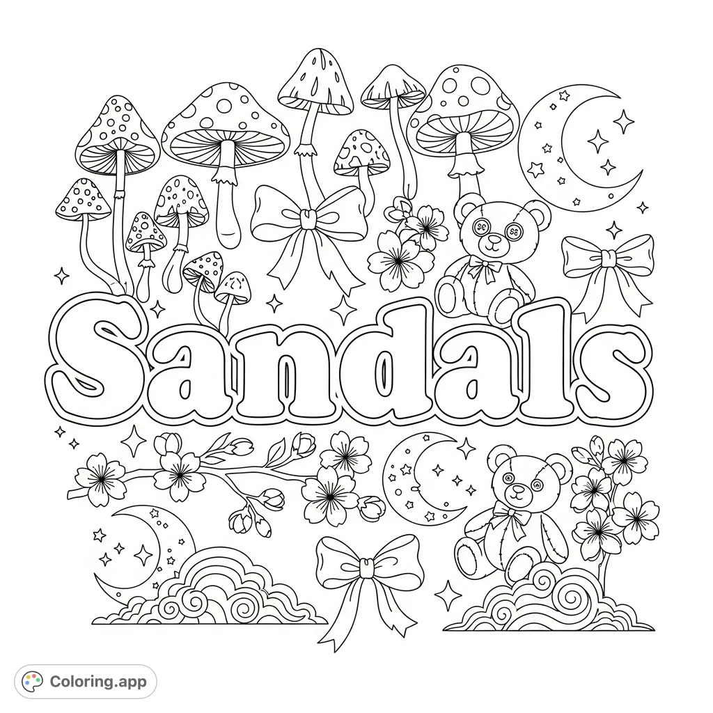 Color a delightful Sandals coloring page featuring bubble letters surrounded by charming mushrooms, bows, teddy bears, cherry blossoms, moons, and fluffy clouds.
