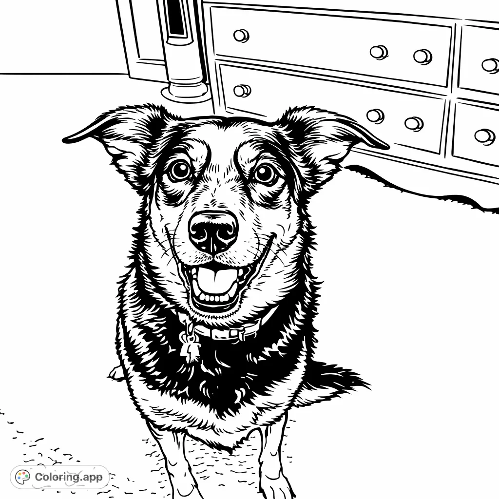 Bring this charming dog's happy face to life. Features intricate fur patterns, bright eyes, and a welcoming pose, perfect for all pet lovers to color.