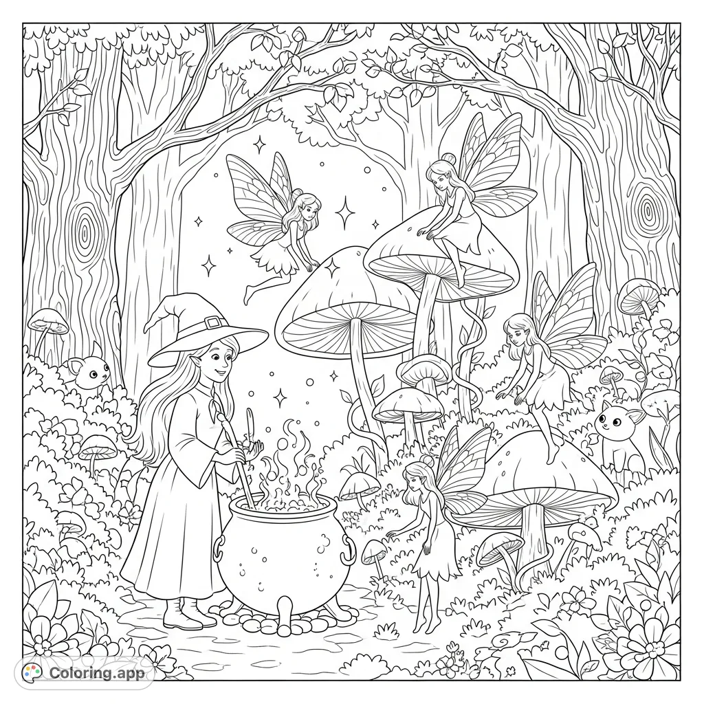 Explore an enchanting magical forest coloring page featuring friendly witches, graceful fairies, bubbling cauldrons, and mystical creatures among ancient trees.