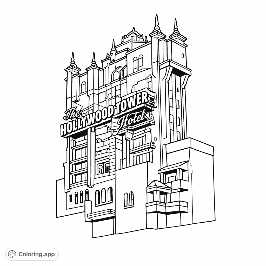 Color this iconic, grand hotel structure with its towering presence, intricate architectural details, and famous signage. A thrilling coloring adventure awaits!