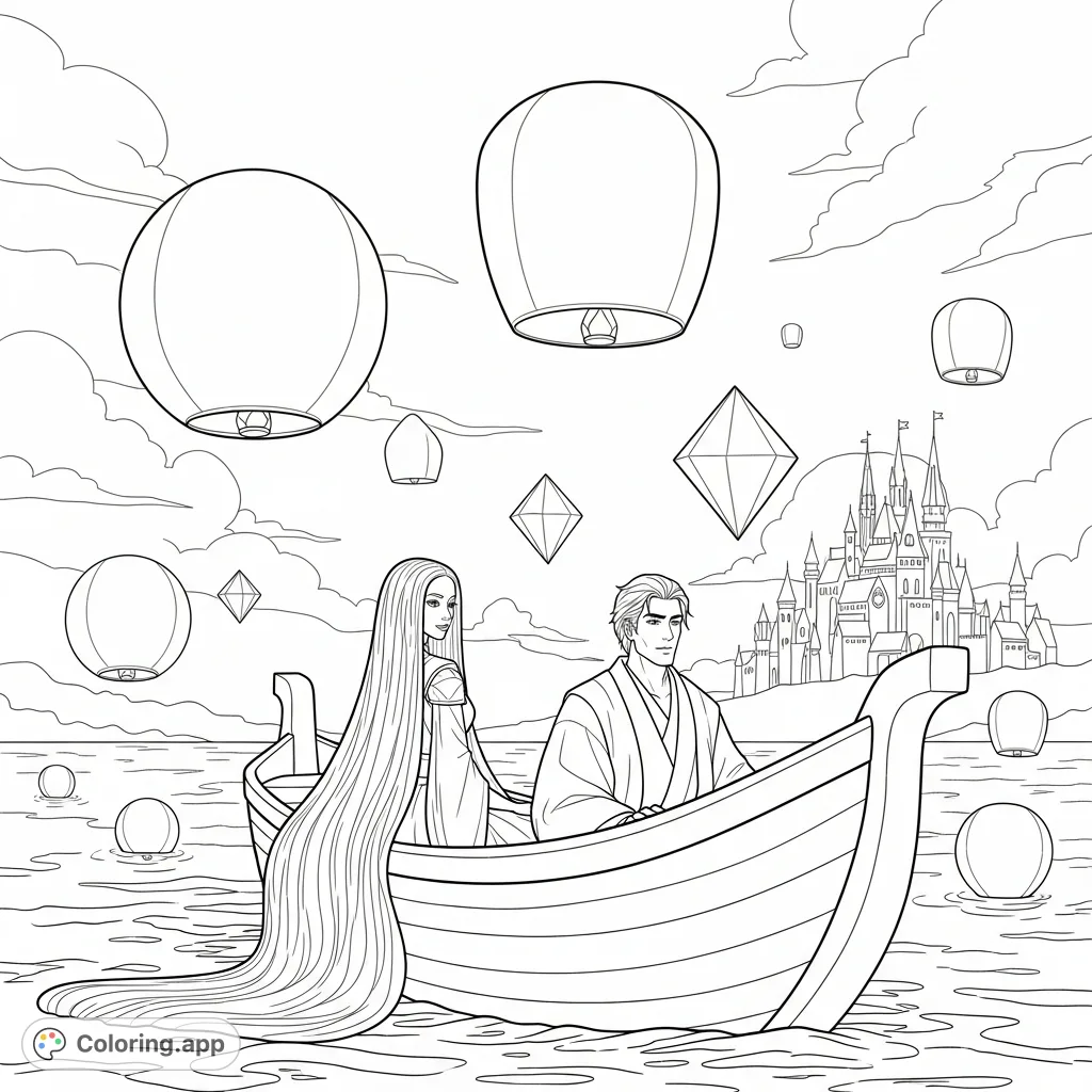A serene boat scene with countless floating lanterns ascending into the night sky, overlooked by a grand castle. An enchanting and easy coloring page.