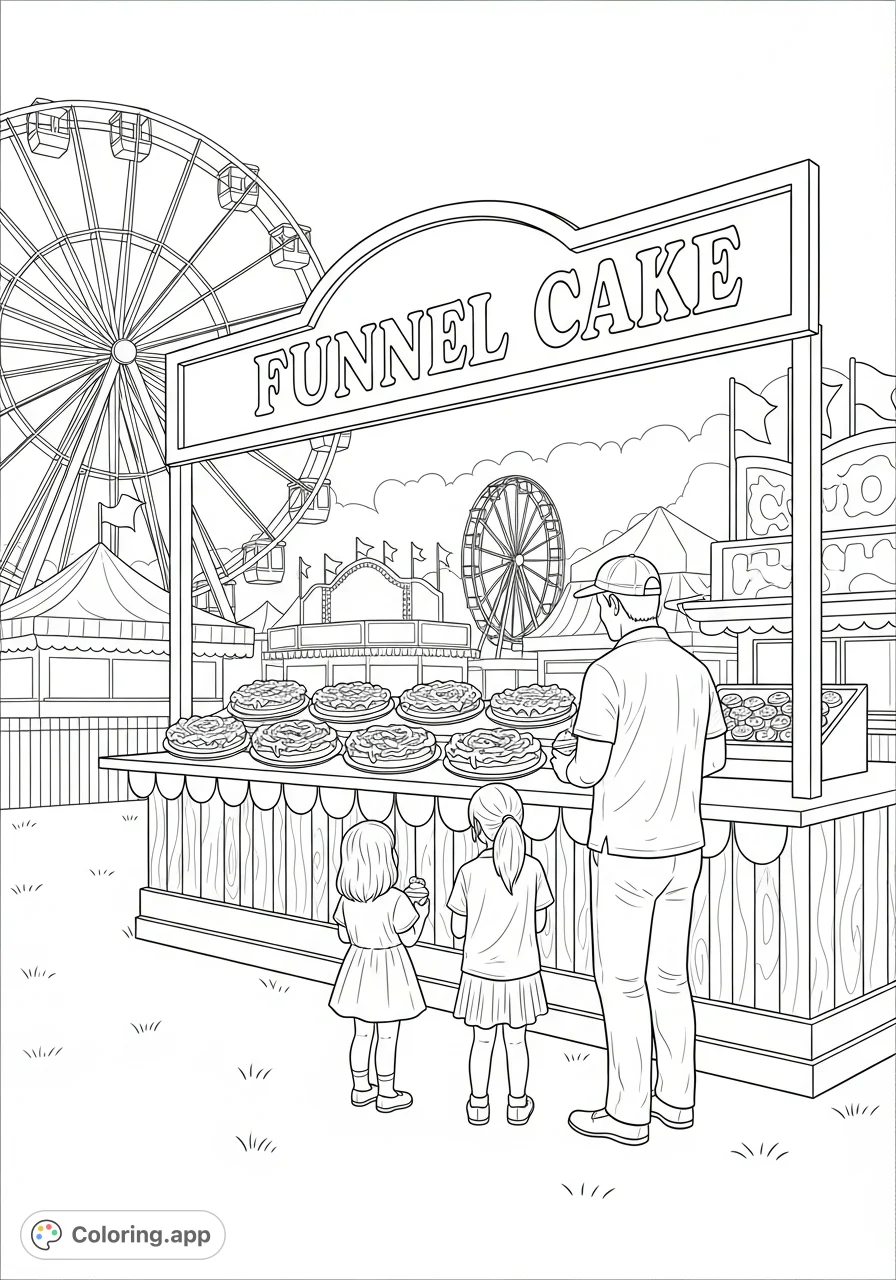 Step into a lively county fair! An adult and two children gather at a detailed funnel cake booth, surrounded by classic rides and other food stalls.
