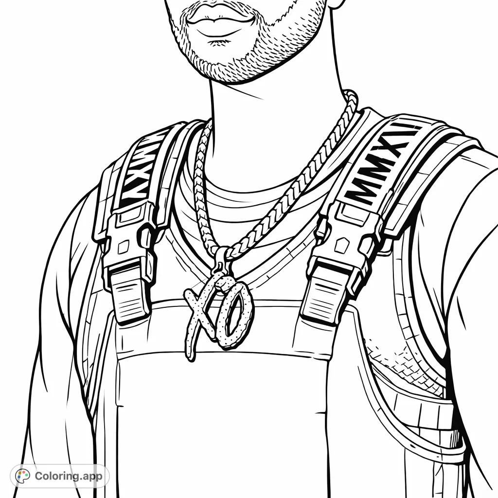 Get ready to color The Weeknd's combat character from Fortnite! Featuring a detailed tactical vest, iconic necklace, and signature style, this page is perfect for fans.
