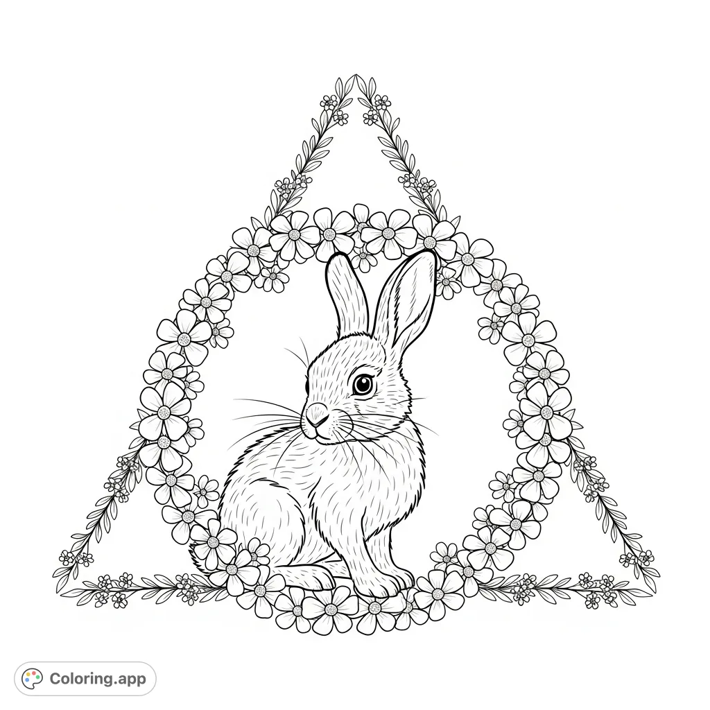 A charming baby hare nestled amidst delicate flowers, framed by a whimsical triangle of tiny leaves and blossoms. Perfect for nature lovers.