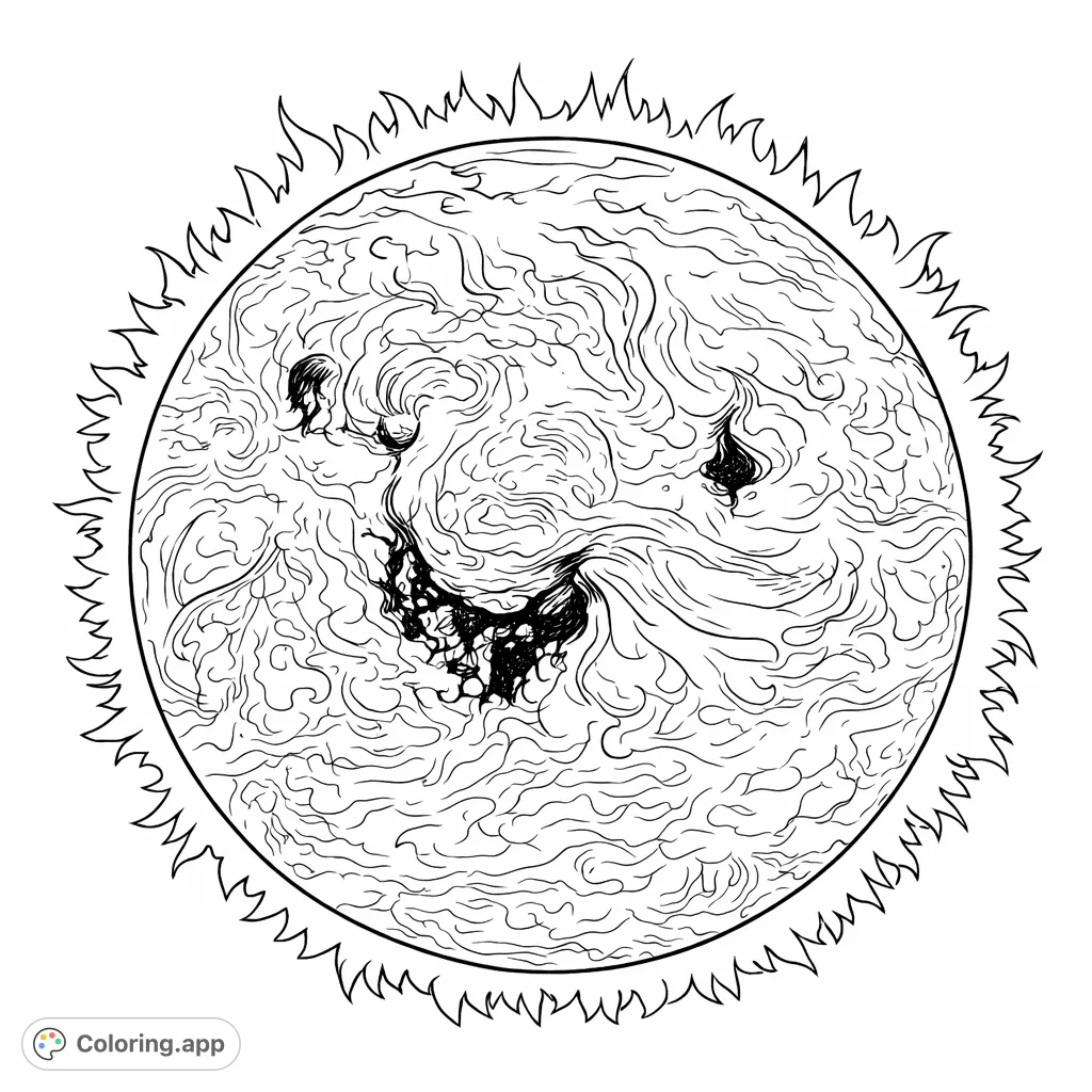 Explore the cosmic smiling star, a detailed celestial body with a turbulent, textured surface and a radiant aura. A challenging and engaging space coloring page.