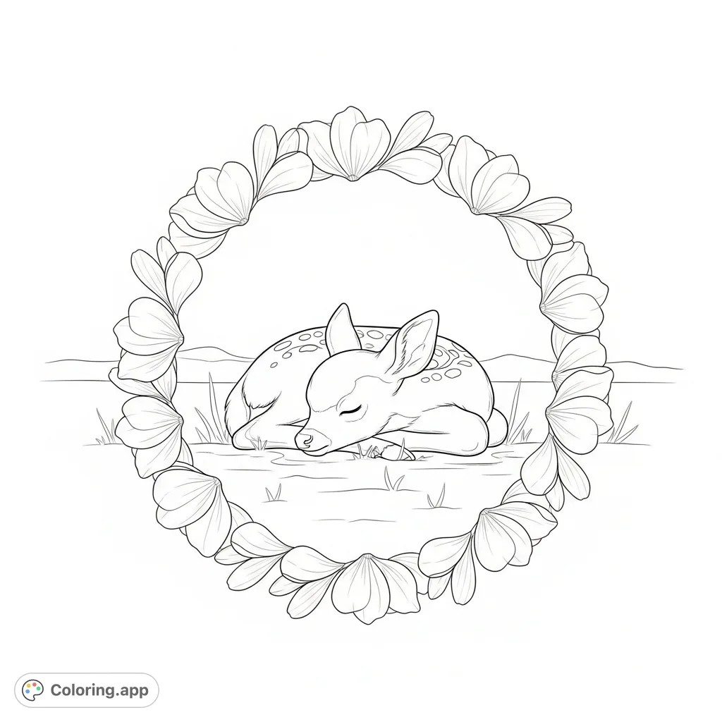 A peaceful fawn sleeps nestled within a delicate circle of petals in a simple field. A serene, calming nature scene for mindful coloring.