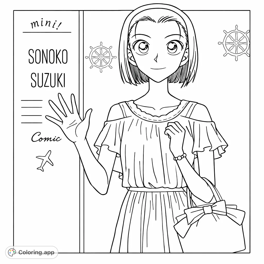 Color a friendly anime character with a charming off-shoulder dress and travel-themed background. Perfect for anime fans of all ages!