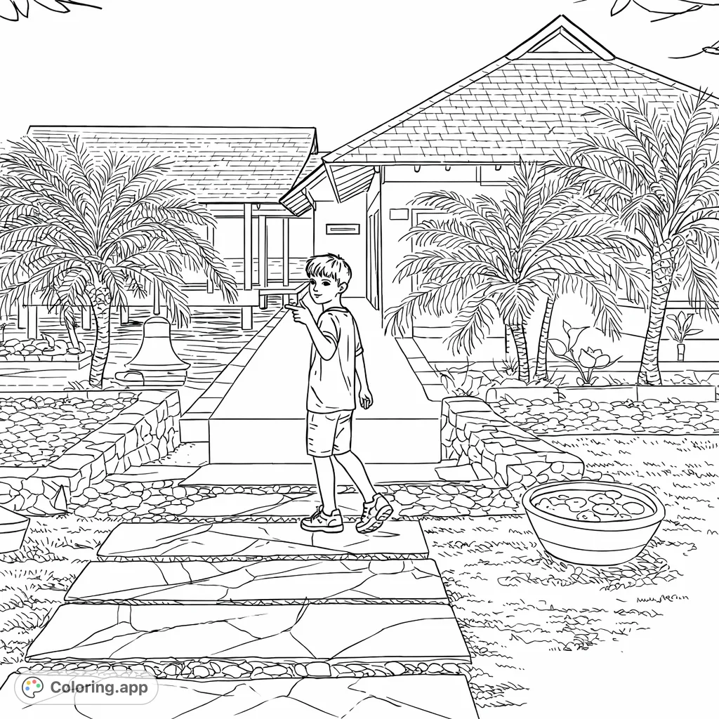 Explore a tropical resort with a playful child on a paved path, surrounded by lush palms, serene water features, and an inviting building under a clear sky.