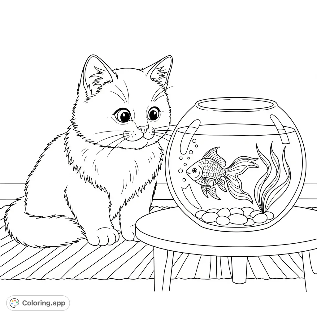 A charming scene featuring a curious kitten observing a graceful goldfish in its bowl. A delightful animal coloring page for all ages to enjoy.