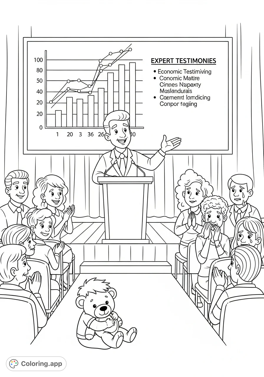 Engage with this detailed economic trends coloring page featuring a charismatic speaker, a diverse audience with varied emotions, and a screen displaying "Expert Testimonies."