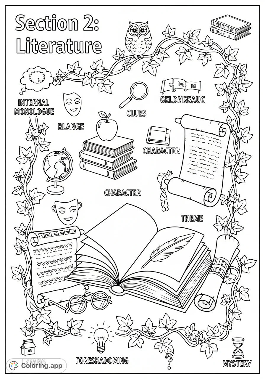 An elegant literature section divider coloring page featuring an open book, quill, scrolls, spectacles, and ivy vines. Perfect for book lovers!