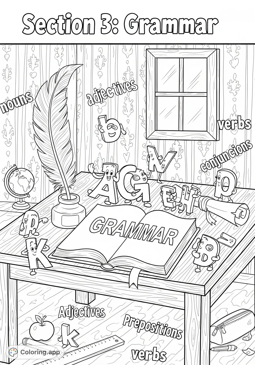 Explore a whimsical grammar scene with an open book, quill, inkwell, and playful alphabet letters scattered on a wooden desk. Perfect for language lovers!