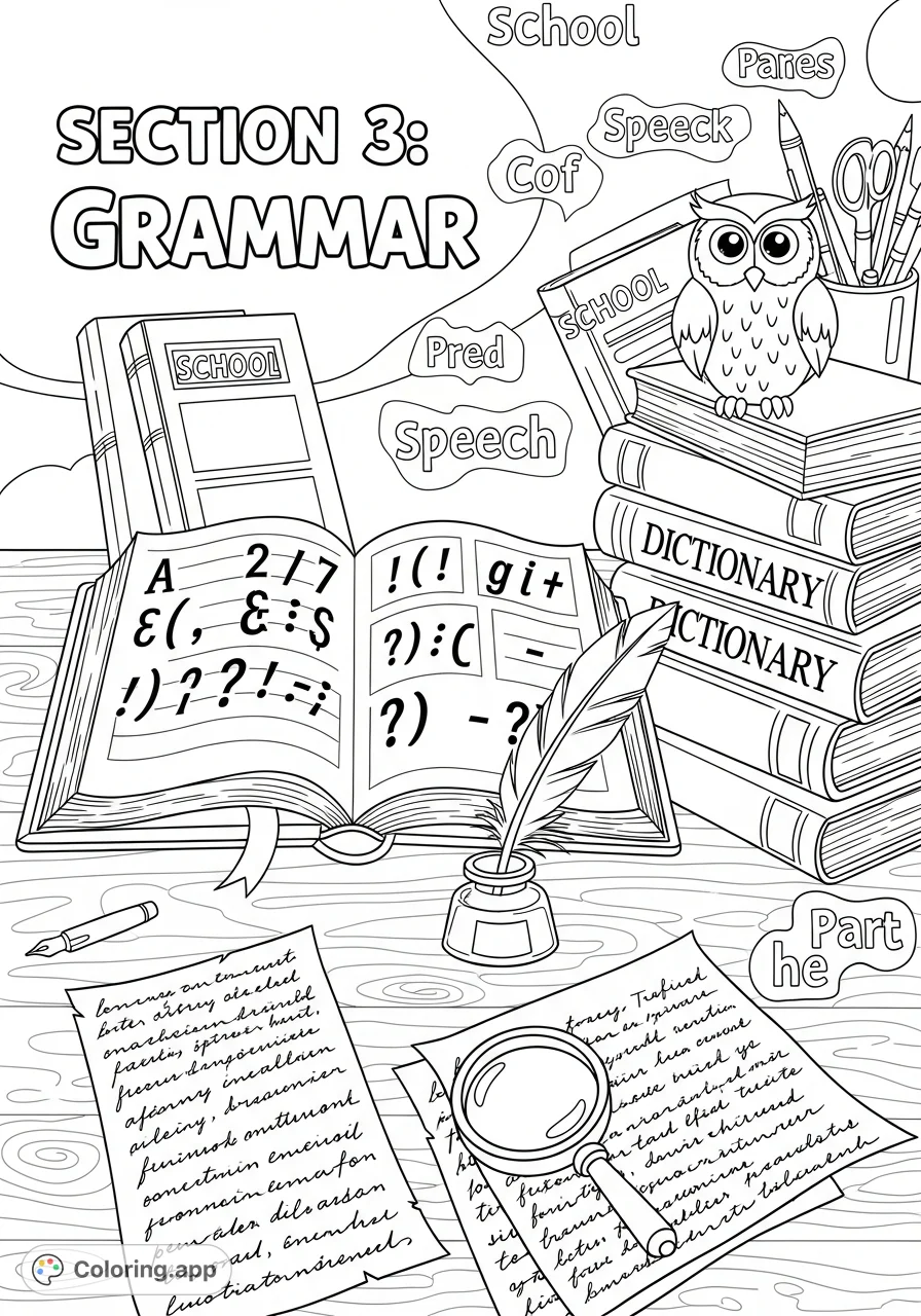 Explore the world of words with this detailed grammar coloring page. Featuring books, quills, and punctuation for an educational and creative experience.