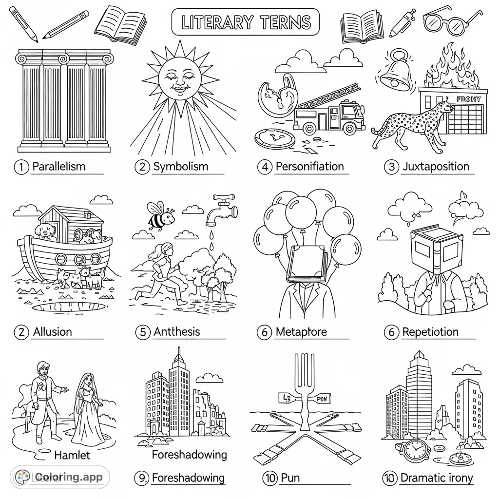 Explore literary concepts through a creative coloring page featuring visual metaphors like a smiling sun, a burning truck, Hamlet, Rapunzel, and more!
