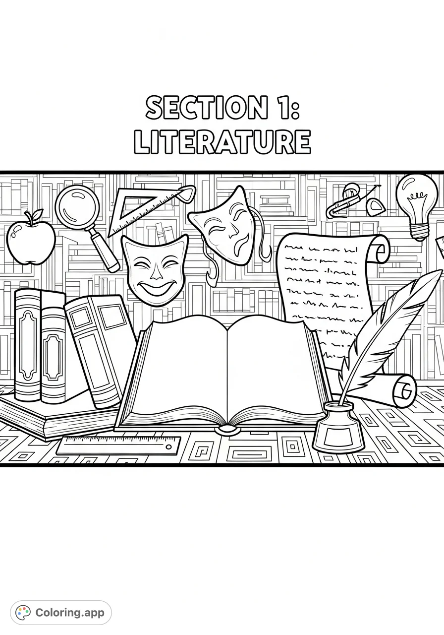 A detailed literature coloring page featuring an open book, quill, and stacked volumes, perfect for a free printable coloring page. Immerse yourself in a world of stories.
