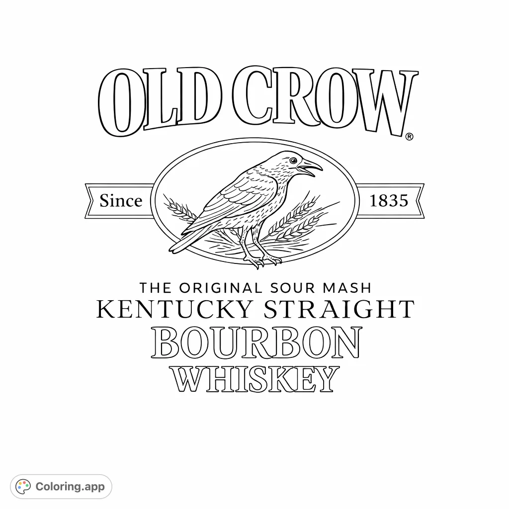 A sophisticated vintage emblem featuring a detailed crow perched on grain, surrounded by classic textual elements. Perfect for detailed adult coloring page enthusiasts.