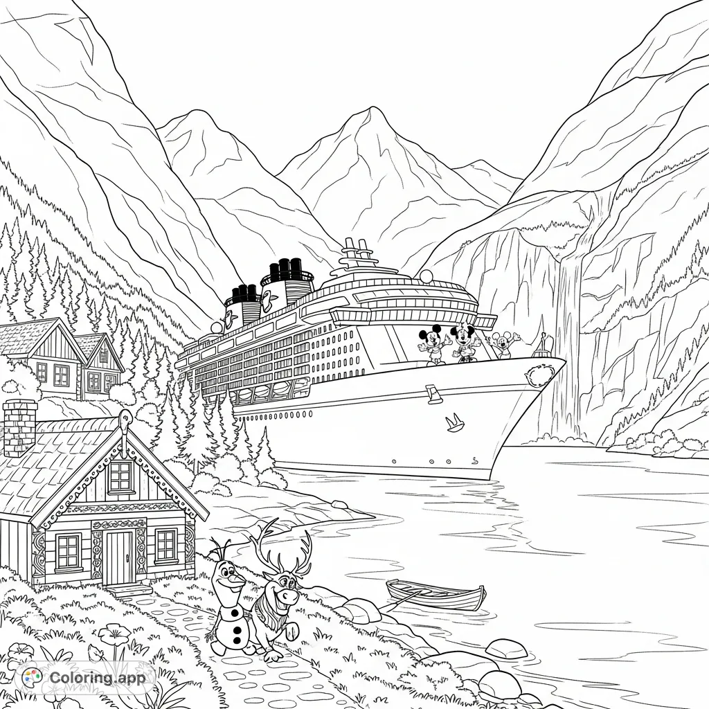 A magical Disney cruise scene in Olden, Norway! Mickey, Minnie, Olaf, and Sven explore a stunning fjord with mountains, waterfalls, and the Disney Dream.