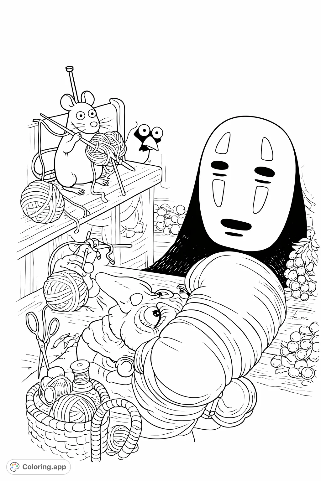 A charming scene featuring a whimsical character knitting with small companions amidst a collection of crafting supplies. Perfect for fans of animated fantasy.