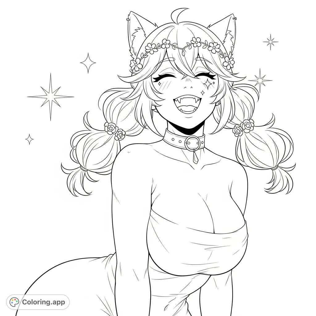 A confident, joyful character with sharp fangs, cat-like ears, and sparkling eyes, framed by long, wavy hair with floral details. Ethereal starbursts float in the background.