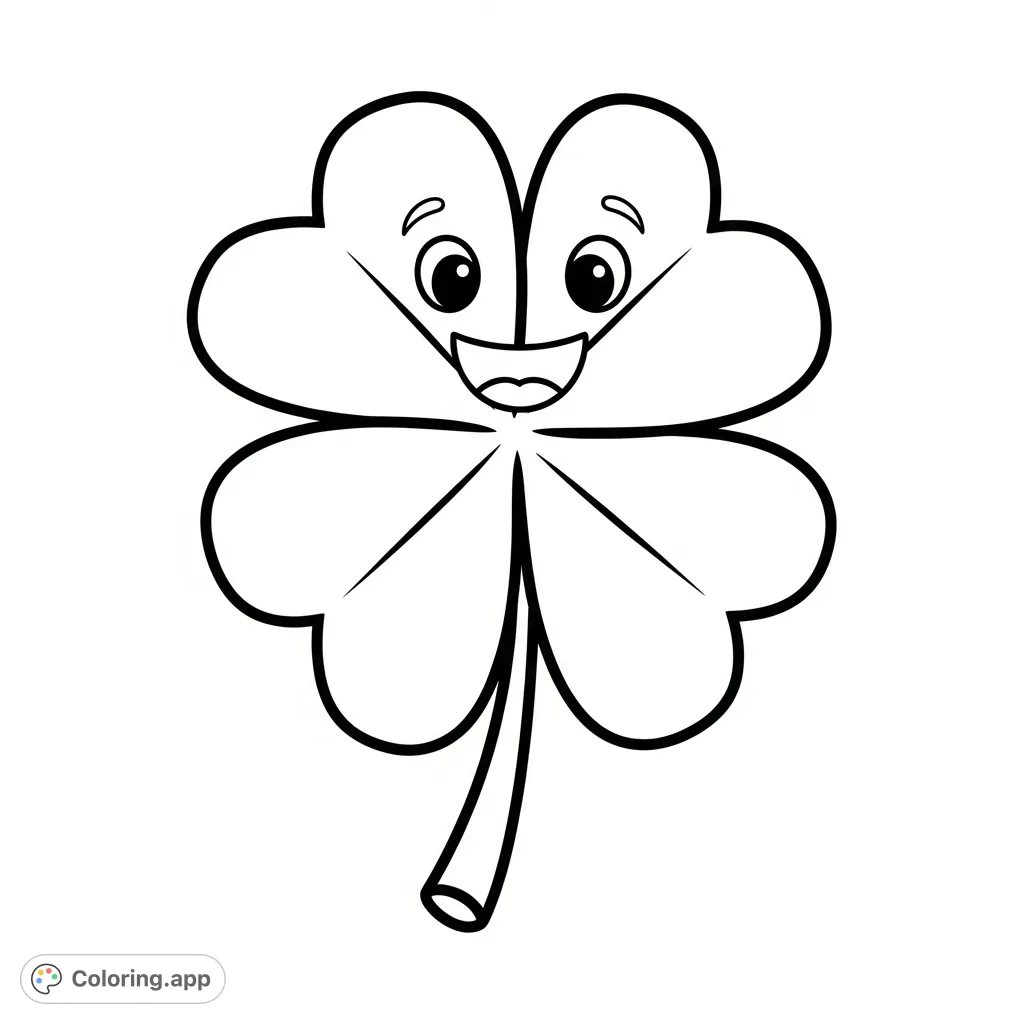 A cheerful clover with a happy, smiling face, featuring bold outlines and large shapes for an easy and fun coloring experience. Perfect for kids!