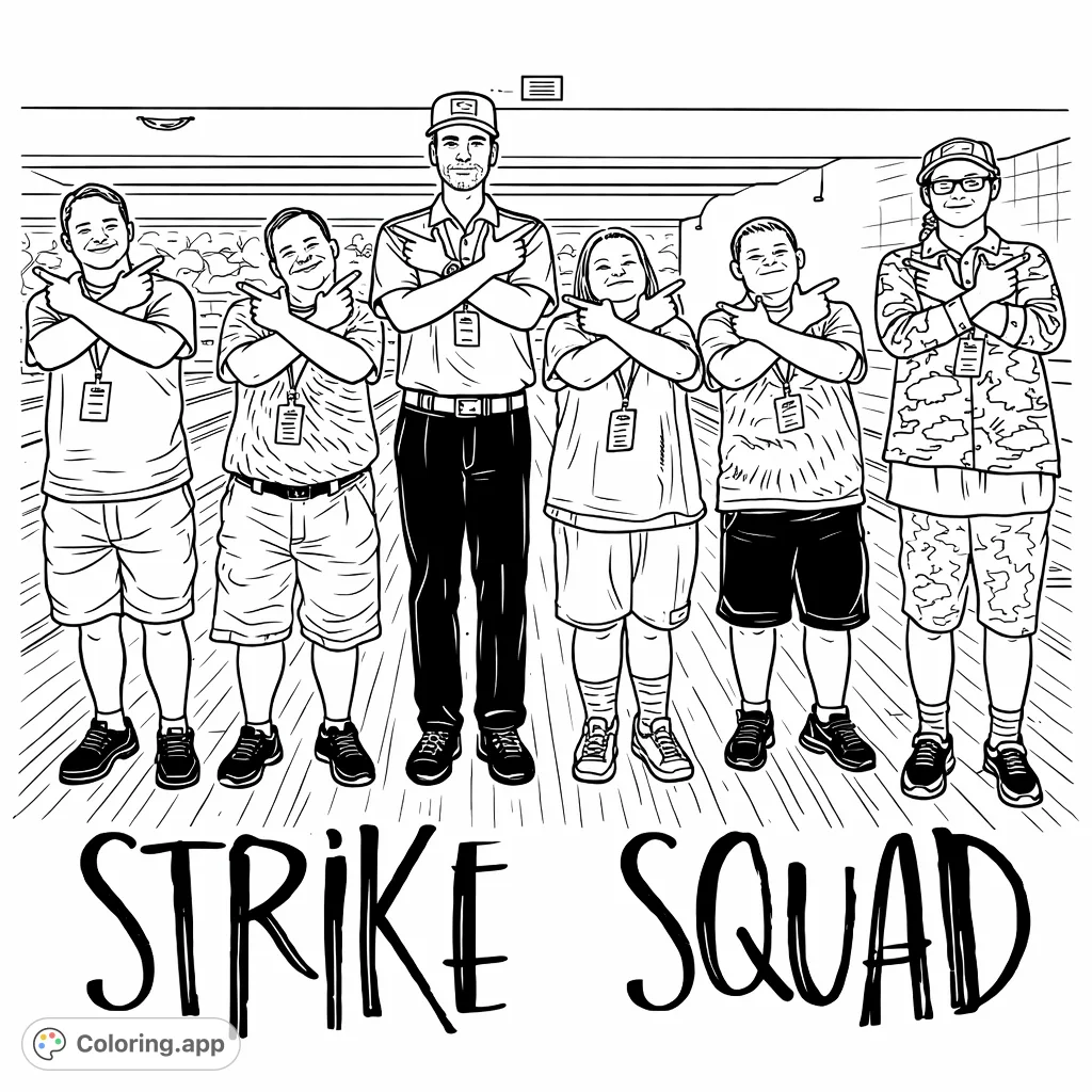 A fun bowling team strikes a powerful pose, ready for action! This cartoony group shot offers a cheerful scene, perfect for all ages to color.