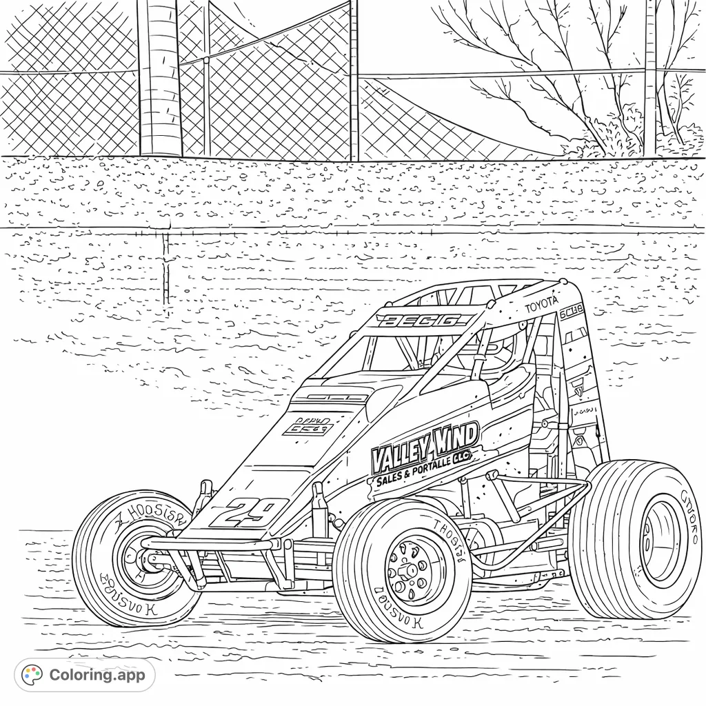 Rev up your imagination with this thrilling sprint car coloring page! A powerful open-wheel racer on a dirt track awaits your creative touch.