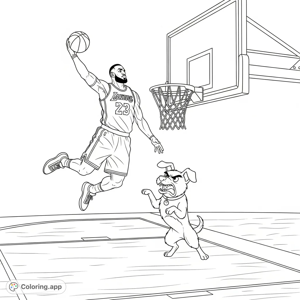LeBron James 23 dunks over an angry dog on the court. A humorous and dynamic basketball coloring page for sports fans and animal lovers.