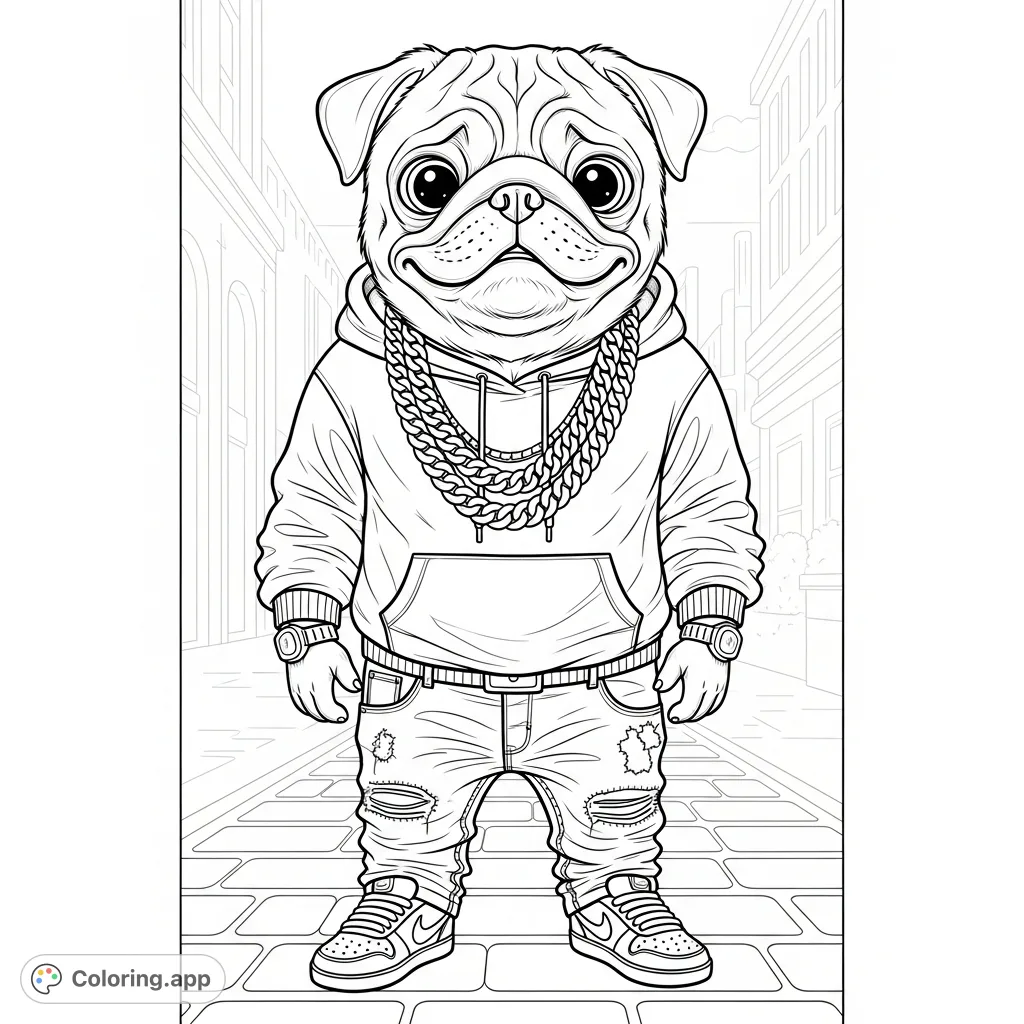 A charming pug rapper with a tender smile, sporting a black hoodie, jeans, and chains on an urban street background. A fun, detailed coloring experience.