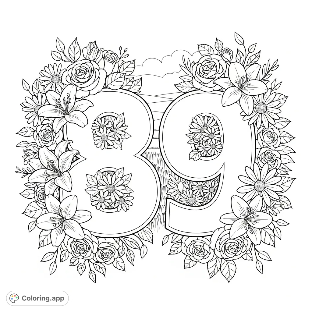 A striking "89" surrounded by a lush, intricate explosion of roses, lilies, and daisies. A detailed floral design perfect for celebrating milestones.