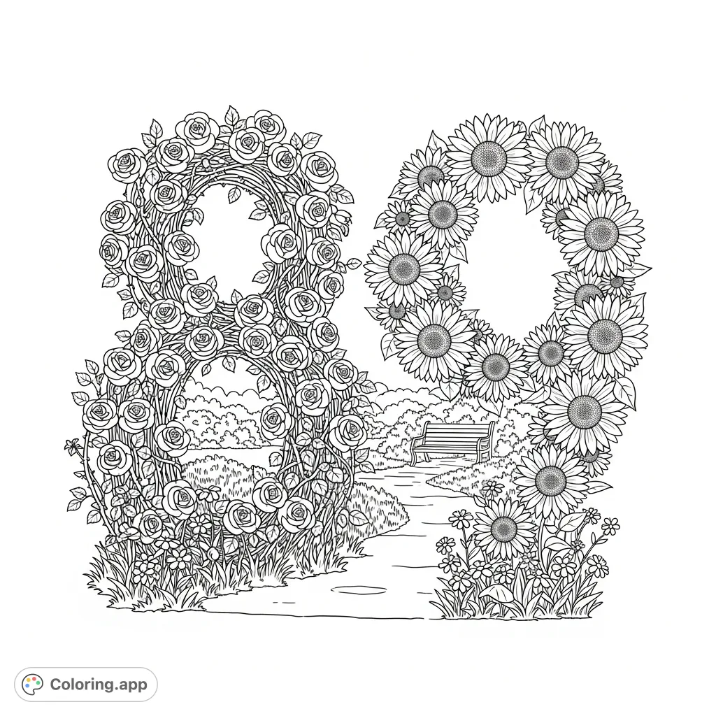 Discover the unique '89' crafted from climbing roses and sunflowers along a charming garden path. A detailed floral numbers coloring page for all ages.