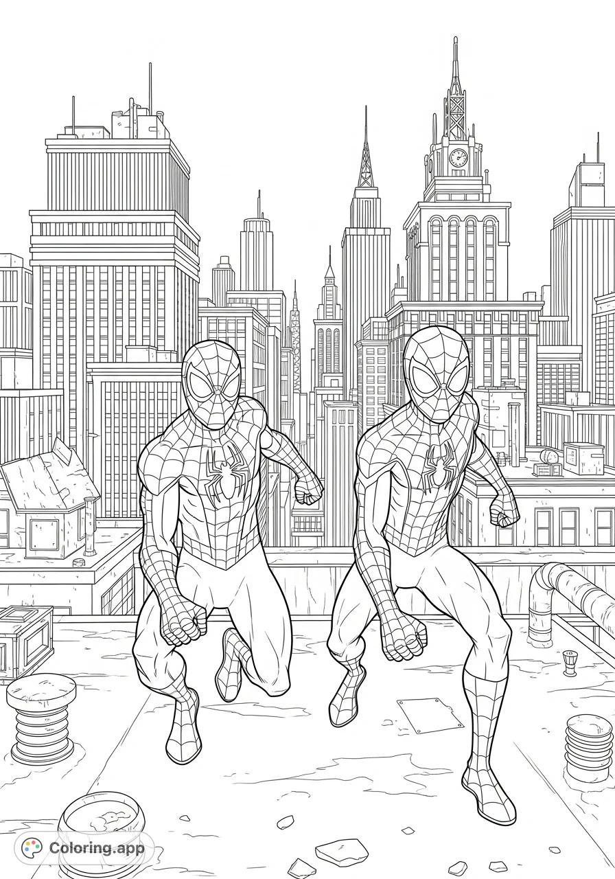 Classic Spider-Man and Miles Morales unite on a city rooftop in dynamic action poses. Unleash your creativity on this thrilling superhero duo and urban cityscape!