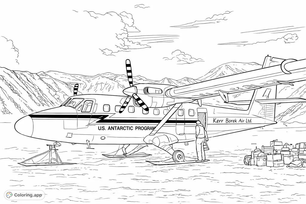 Explore an Antarctic ski plane nestled among snow-capped mountains, surrounded by expedition gear. A detailed scene for aviation and adventure enthusiasts.