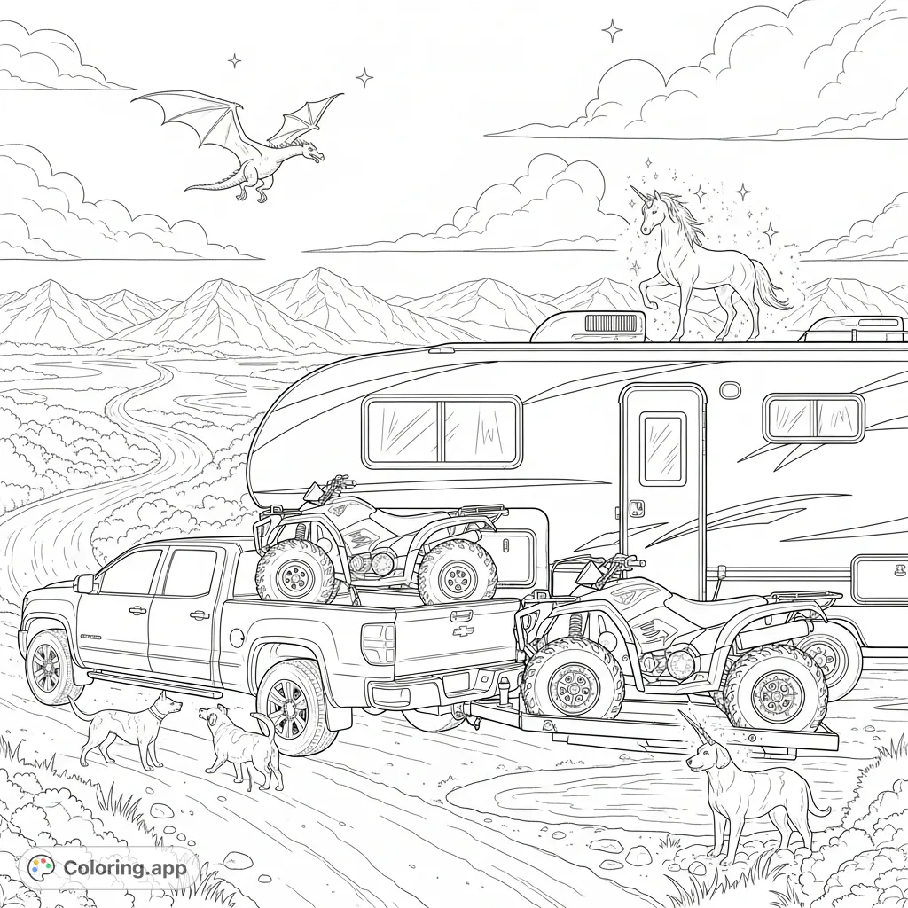 Hit the open road with a mighty truck, a spacious camper, and two rugged ATVs, ready for an epic journey through winding roads and majestic mountains.