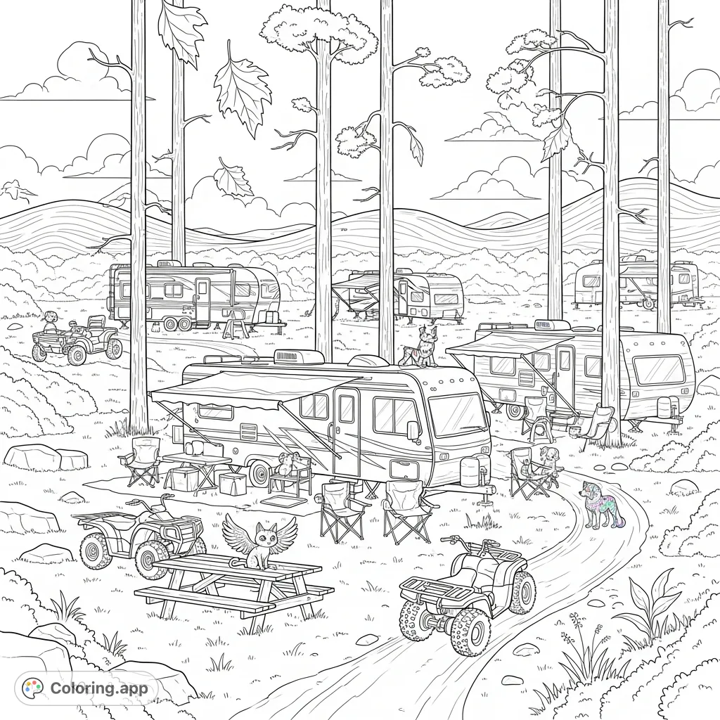 Explore a detailed scene featuring various campers and ATVs amidst a rugged outdoor landscape. Perfect for adventure enthusiasts to bring to life with vibrant colors.