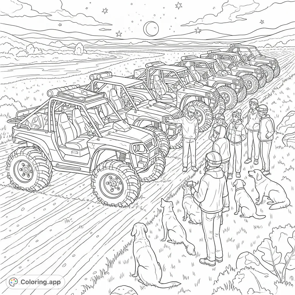 Explore an exciting all-terrain vehicles coloring page featuring robust ATVs, a lively group of people, and their watchful canine companions on a grassy track.