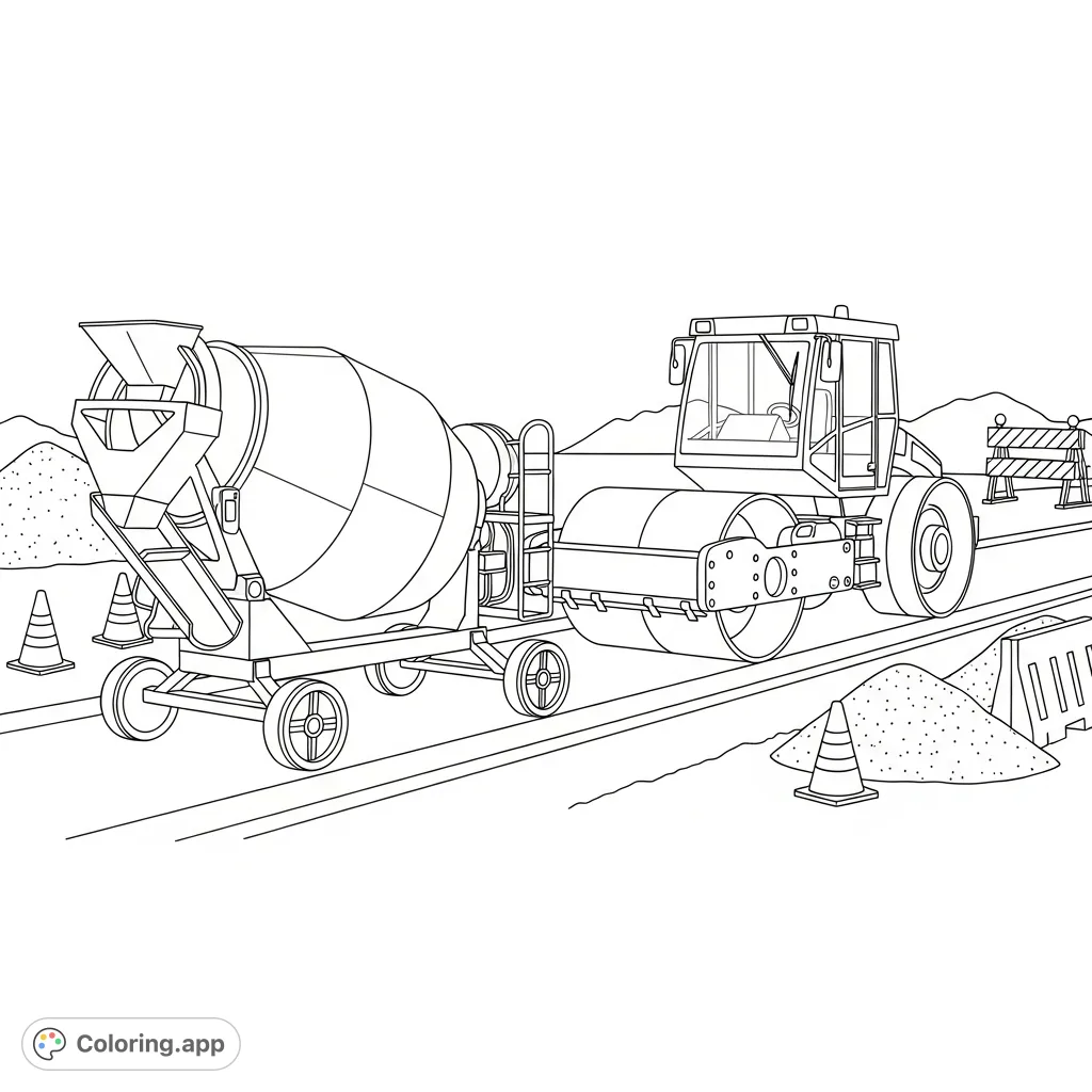 A detailed road work scene featuring a cement mixer and a steamroller compacting a new road. Perfect for vehicle and construction enthusiasts.
