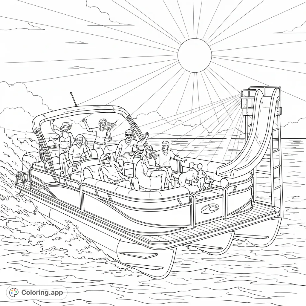 Experience the excitement of a pontoon boat speeding across a lake with people laughing, a waterslide, and sun. A fun, free printable pontoon boat coloring page.