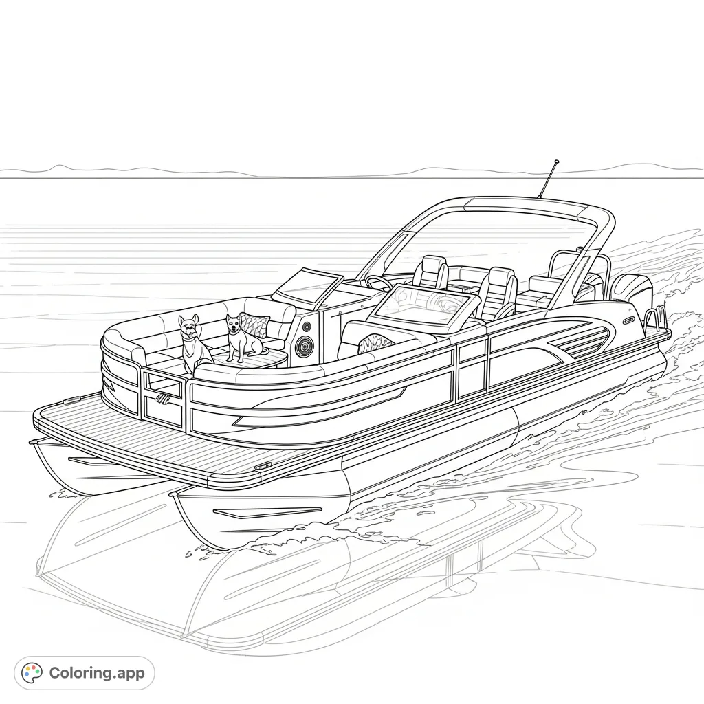 Color a sleek, futuristic pontoon boat with sharp angles, polished accents, and minimalist design, gliding across shimmering water under a clear sky.
