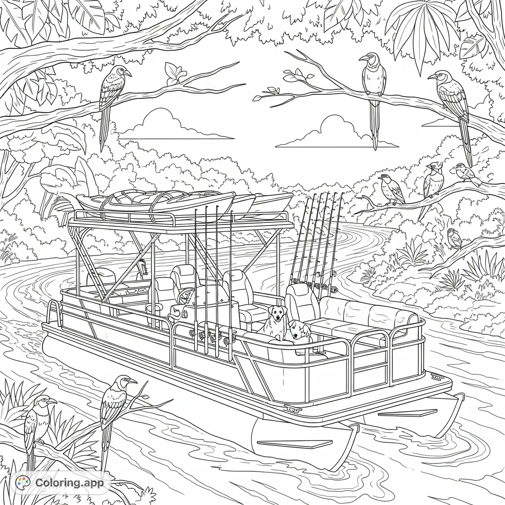 Navigate a winding river on an adventure-ready pontoon boat equipped with kayaks and fishing gear, surrounded by dense jungle and exotic birds. A thrilling free printable coloring page.