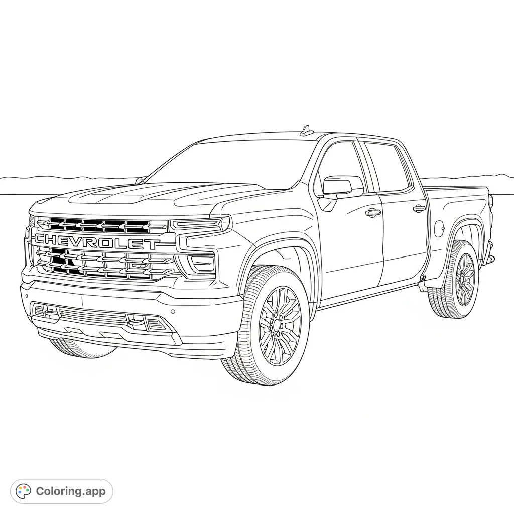 A detailed coloring page of a brand-new Chevrolet pickup truck. Perfect for vehicle enthusiasts and fans of modern automotive design.