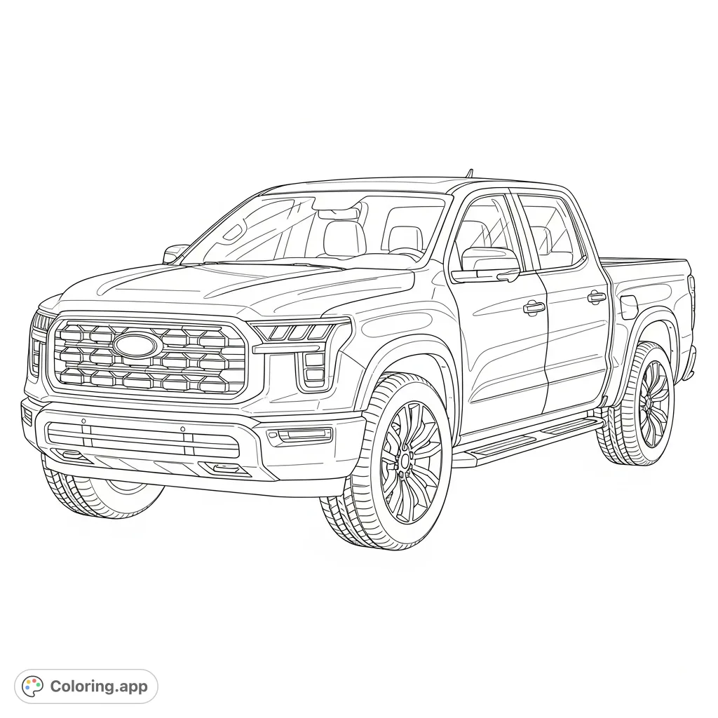 Color a sleek, new pickup truck featuring polished surfaces, a bold grille, and detailed wheels. Perfect for vehicle enthusiasts and aspiring designers!
