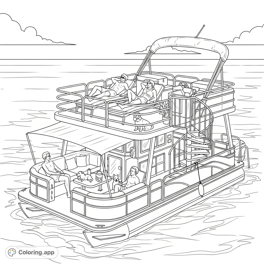 A detailed pontoon boat coloring page featuring a multi-level lounge anchored in a bay, with relaxing figures enjoying ocean views.