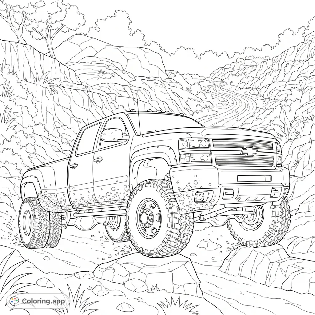 Explore rugged terrain with this detailed Chevy dually truck coloring page. Perfect for vehicle enthusiasts and off-road adventurers.